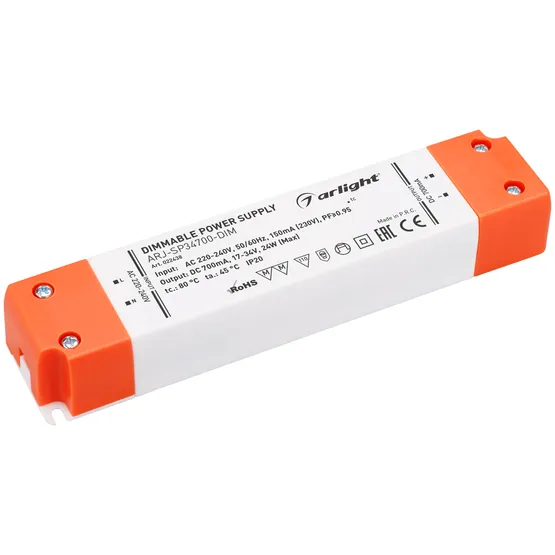 Фото товара Блок питания ARJ-SP34700-DIM (24W, 700mA, PFC, Triac) (Arlight, IP20 Пластик, 3 года)