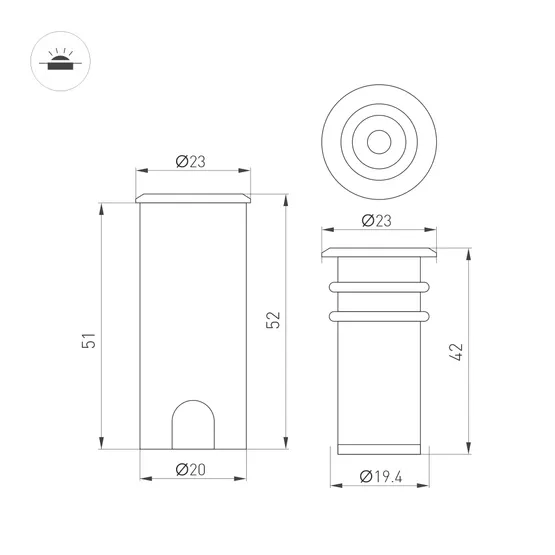 Фото #5 товара Светильник ART-PELURU-GROUND-R23-1W Warm3000 (SL, 100 deg, 24V) (Arlight, IP67 Металл, 3 года)